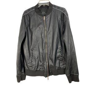 VTG Mens Armani Exchange Black Faux Leather Bomber Jacket XL Logo Tape RP10247